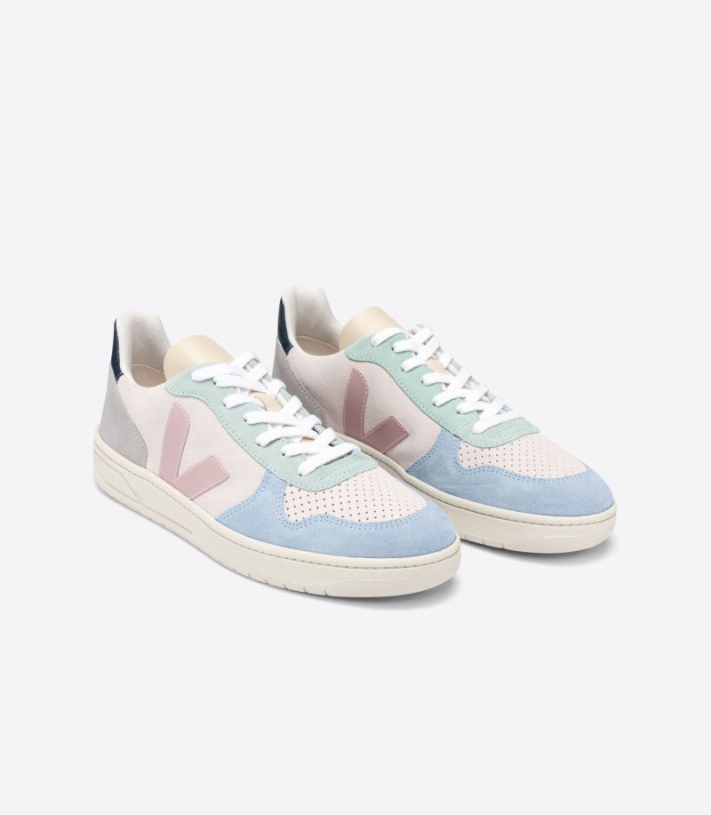 Beige / Blue / Light Green Veja V-10 Suede Women's Sneakers | IE-178569