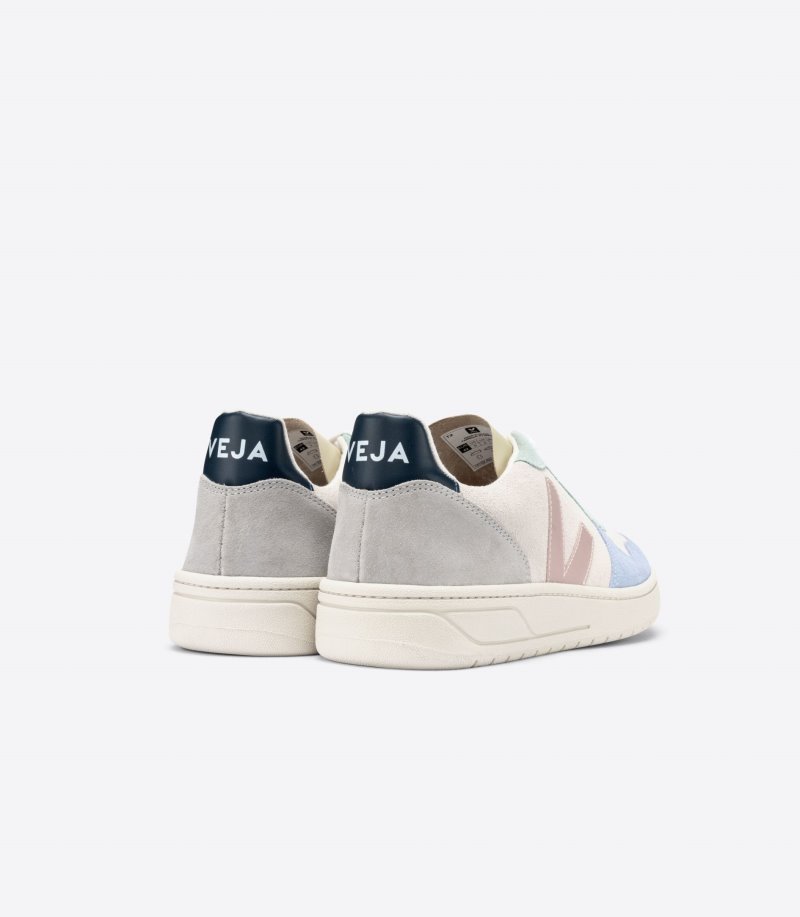 Beige / Blue / Light Green Veja V-10 Suede Women's Sneakers | IE-178569