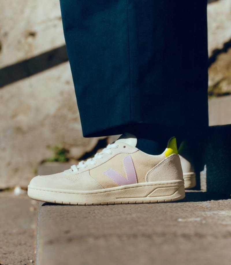 Beige / Purple Veja V-10 Suede Women's Sneakers | IE-283640