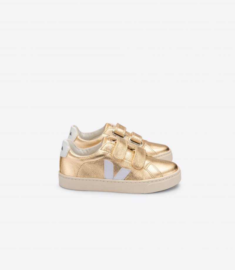 Gold / White Veja Esplar Chromefree Leather Kids\' Sneakers | IE-016458