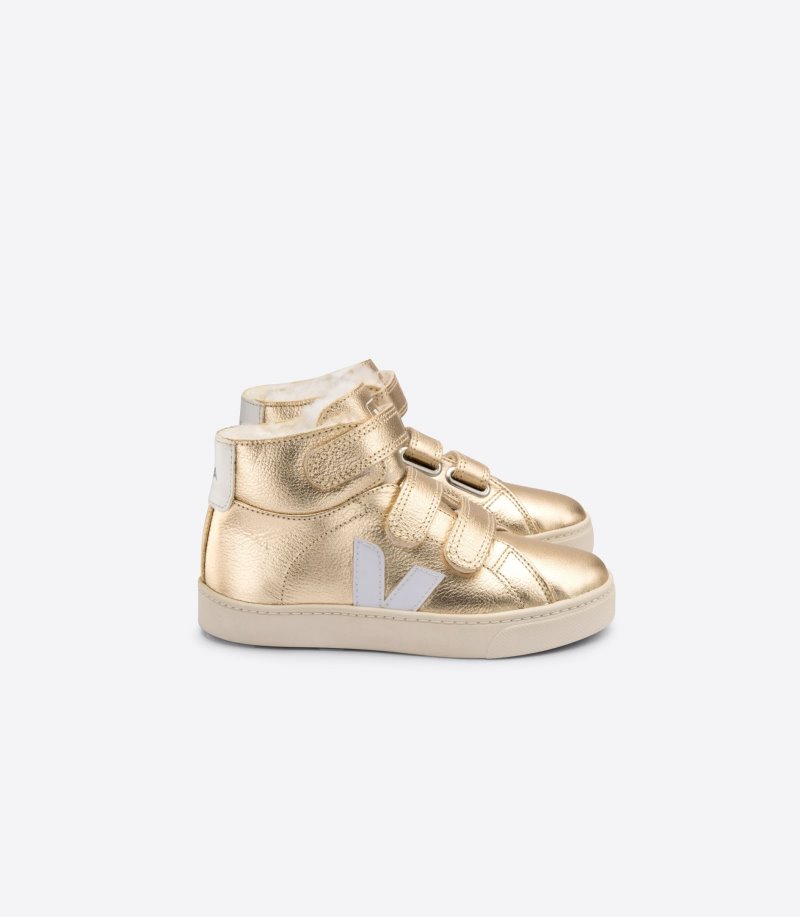 Gold / White Veja Esplar Mid Fured Leather Kids\' Sneakers | IE-982056