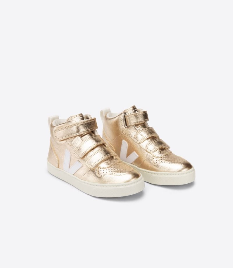 Gold / White Veja V-10 Mid Chromefree Leather Kids' Sneakers | IE-756096