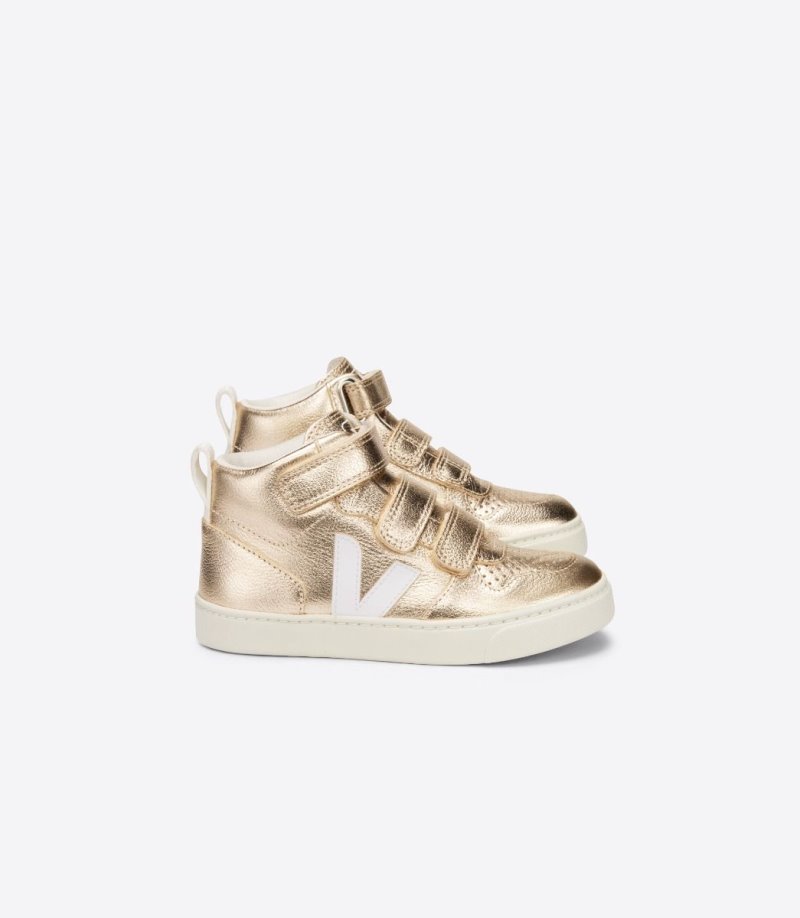 Gold / White Veja V-10 Mid Chromefree Leather Kids\' Sneakers | IE-756096