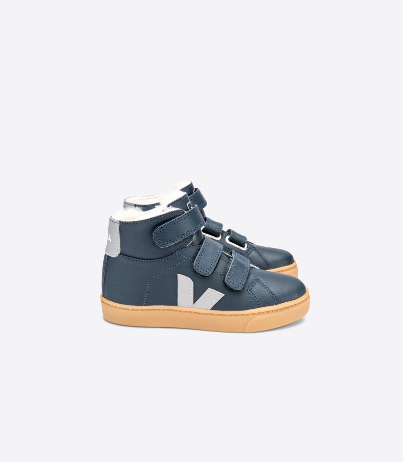 Navy / Blue / Grey Veja Esplar Mid Fured Leather Kids\' Sneakers | IE-394542