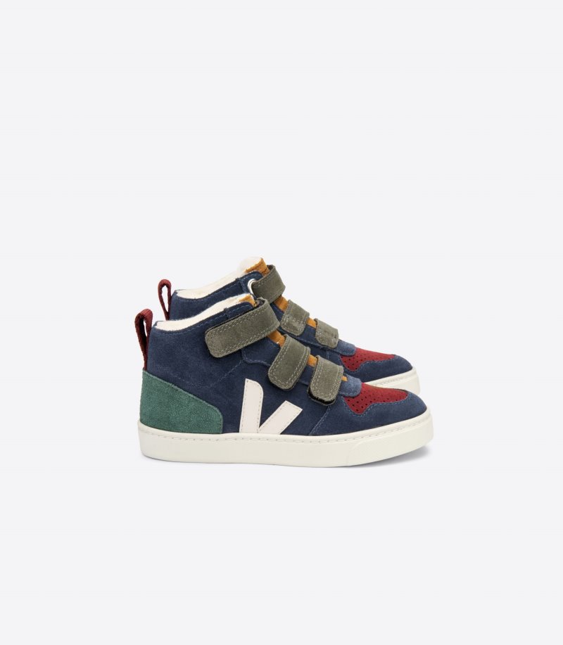 Navy / Green / Red Veja V-10 Mid Fured Suede Kids\' Sneakers | IE-649788