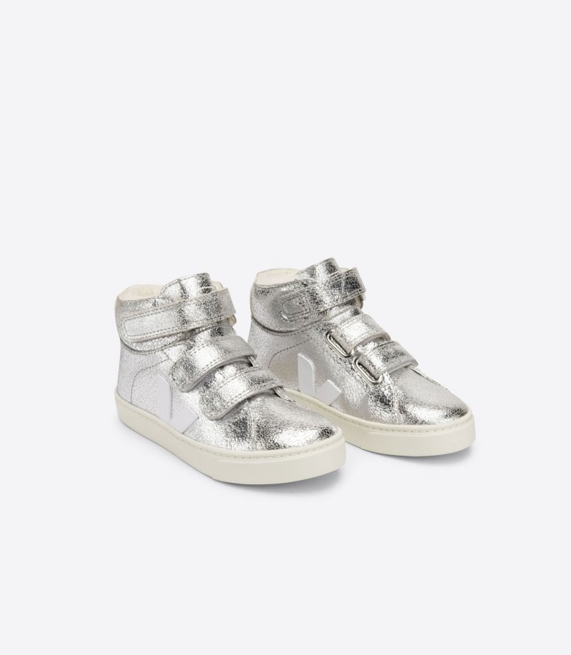 Silver / White Veja Esplar Mid Fured Suede Kids' Sneakers | IE-270220