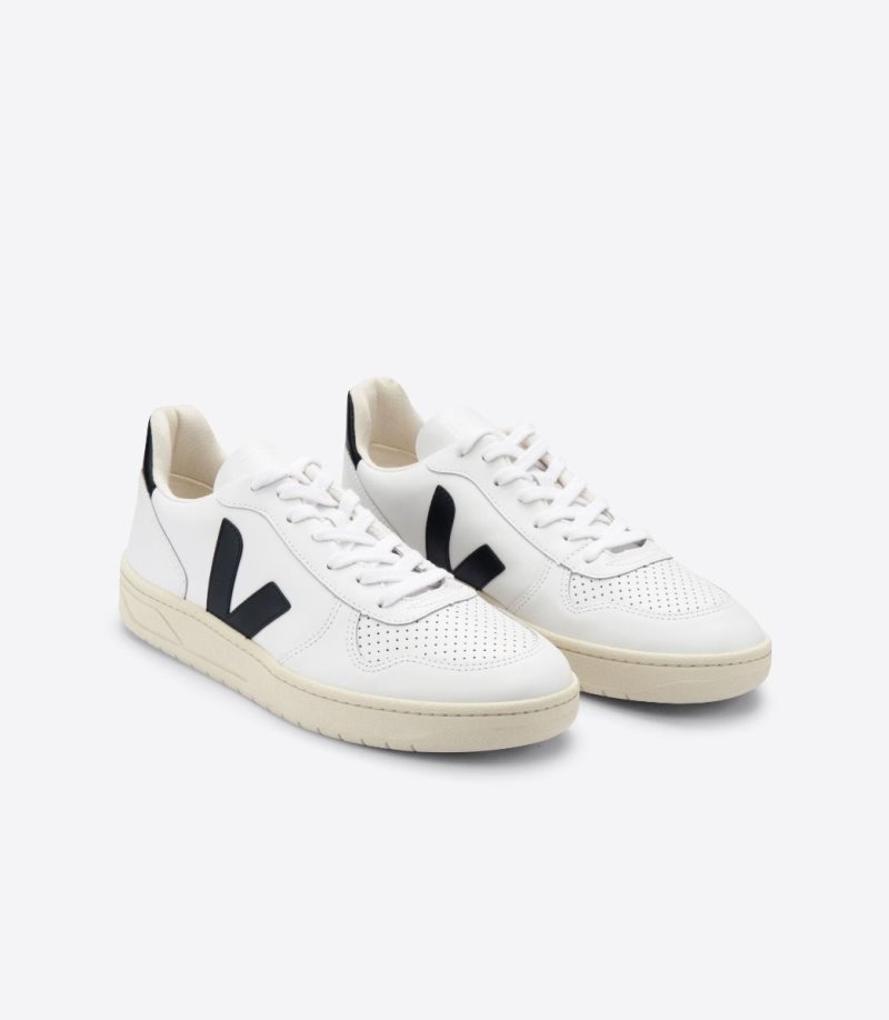 White / Black Veja V-10 Leather Men's Sneakers | IE-323286