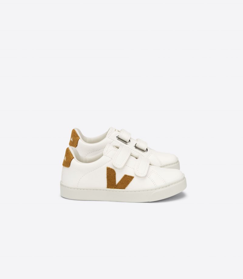 White / Brown Veja Esplar Chromefree Leather Kids\' Sneakers | IE-912581