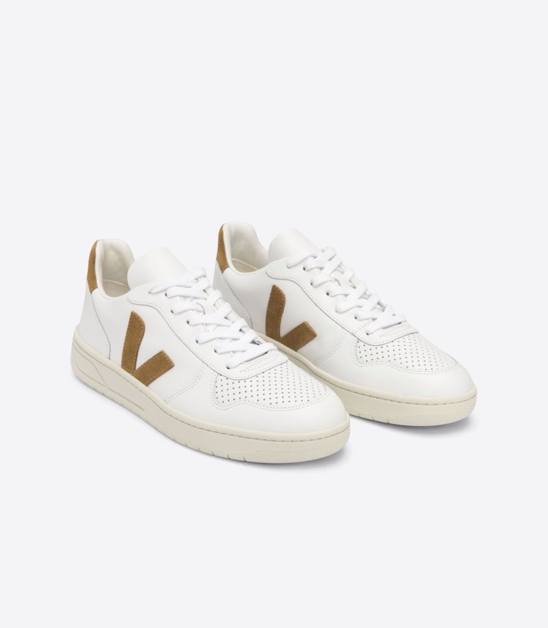 White / Brown Veja V-10 Leather Men's Sneakers | IE-012589