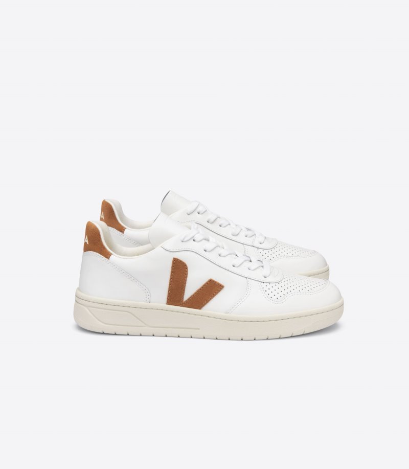 White / Brown Veja V-10 Leather Women\'s Sneakers | IE-257080