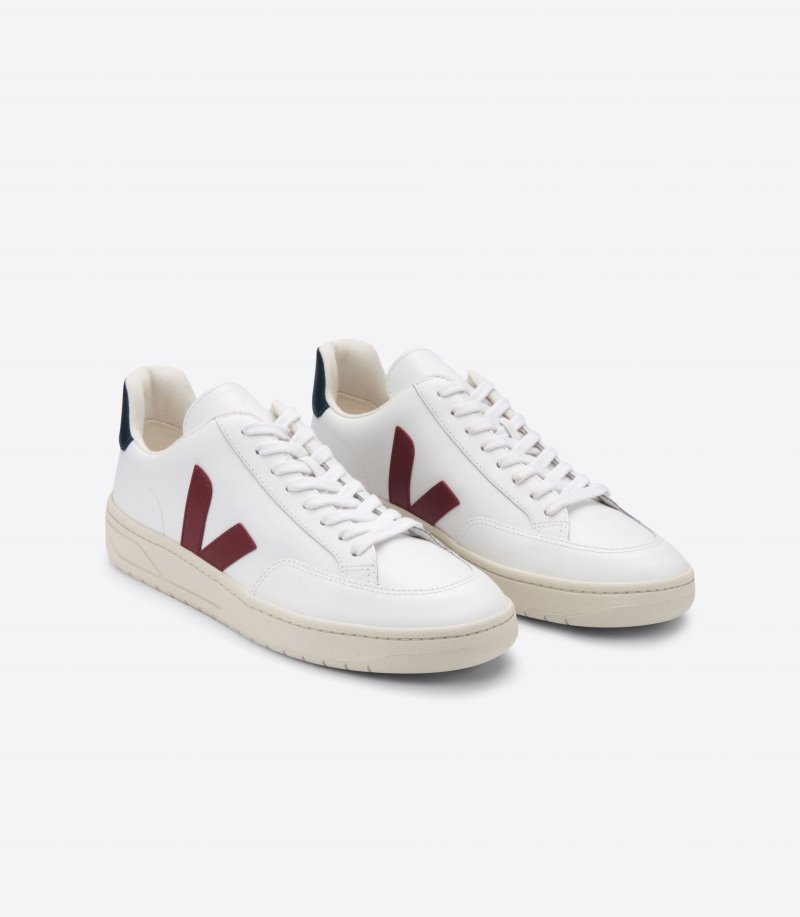 White / Burgundy Veja V-12 Leather Men's Sneakers | IE-568606