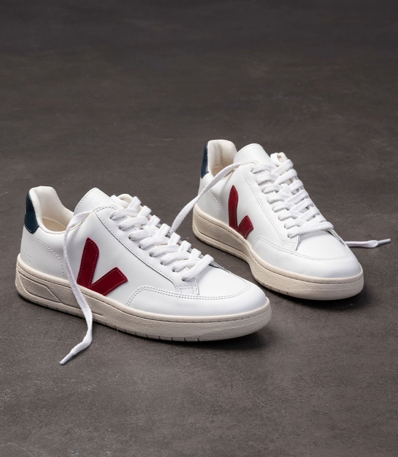 White / Burgundy Veja V-12 Leather Men's Sneakers | IE-568606