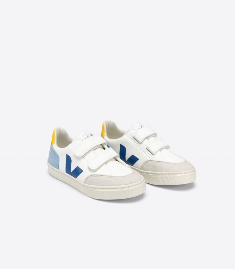 White / Dark Blue Veja V-12 Chromefree Leather Kids' Sneakers | IE-069683