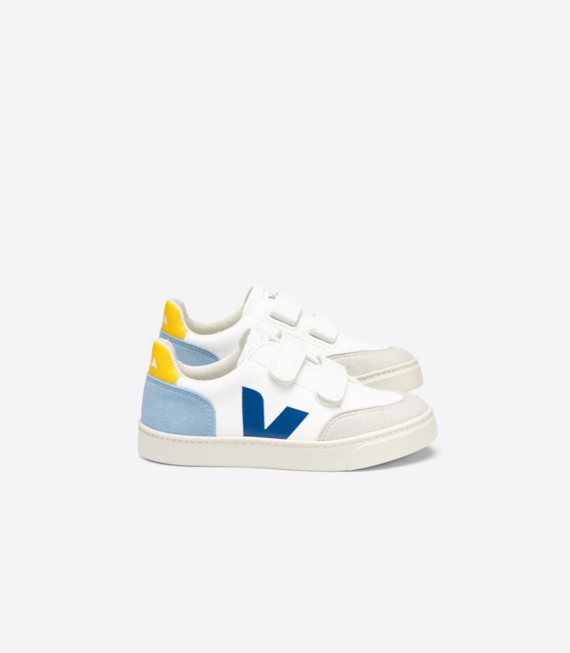 White / Dark Blue Veja V-12 Chromefree Leather Kids\' Sneakers | IE-069683