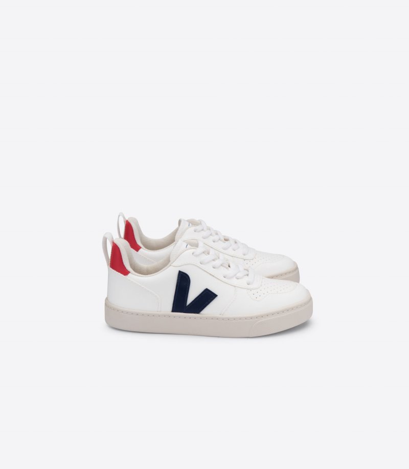 White / Deep Blue Veja V-10 Laces CWL Kids\' Sneakers | IE-594993