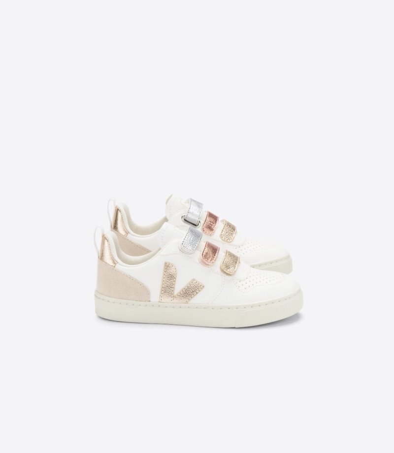 White / Gold Veja V-10 Chromefree Kids\' Sneakers | IE-349244