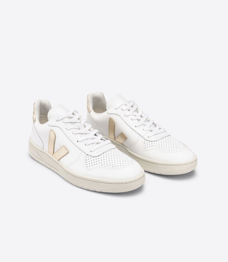 White / Gold Veja V-10 Leather Women's Sneakers | IE-024883