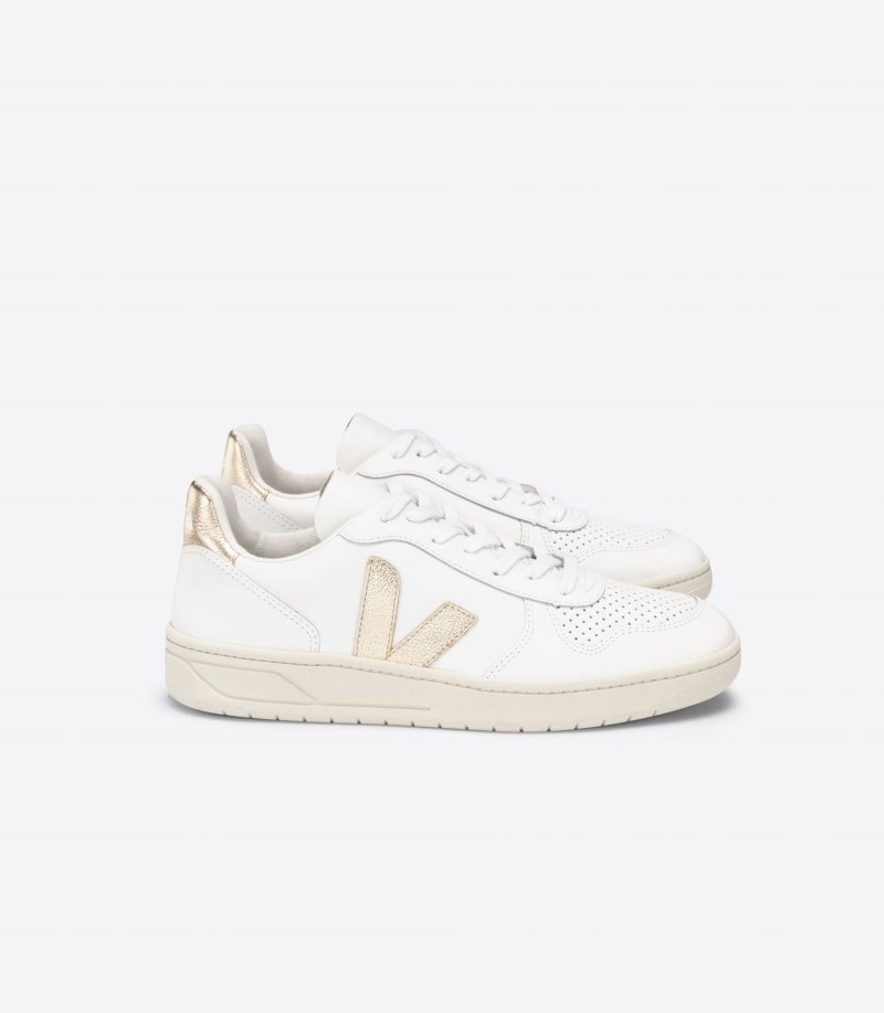 White / Gold Veja V-10 Leather Women\'s Sneakers | IE-024883