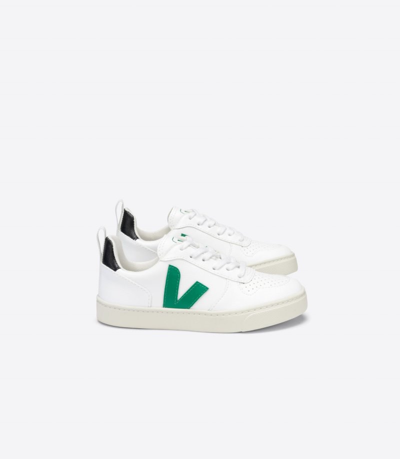 White / Green / Black Veja V-10 Lace CWL Kids\' Sneakers | IE-303056