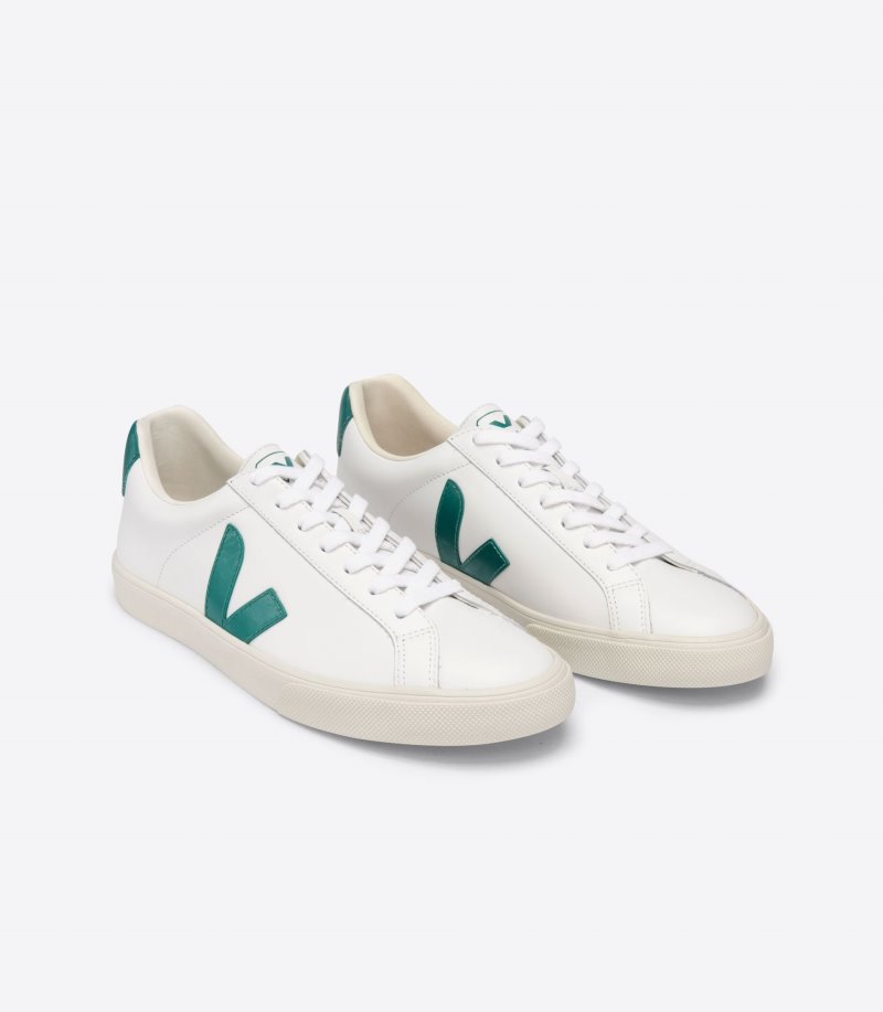 White / Green Veja Esplar Leather Women's Sneakers | IE-203039