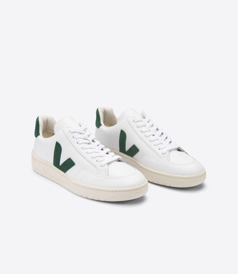 White / Green Veja V-12 Leather Women's Sneakers | IE-315103