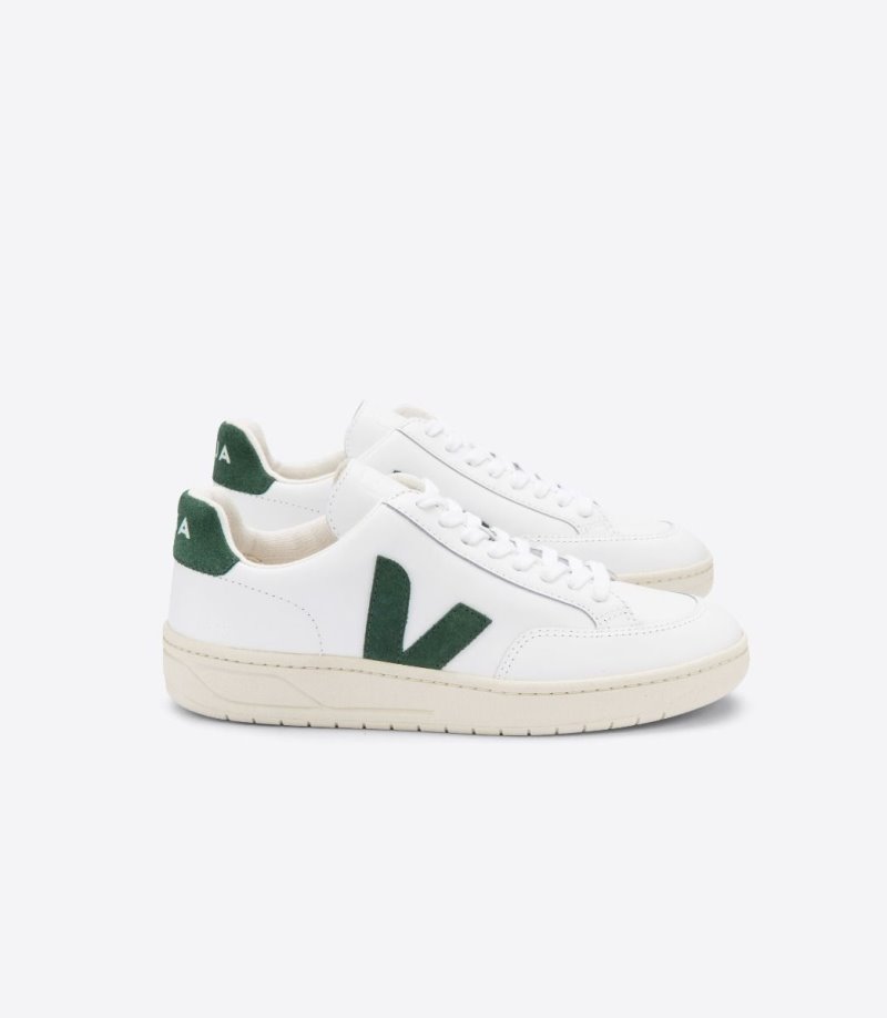 White / Green Veja V-12 Leather Women\'s Sneakers | IE-315103