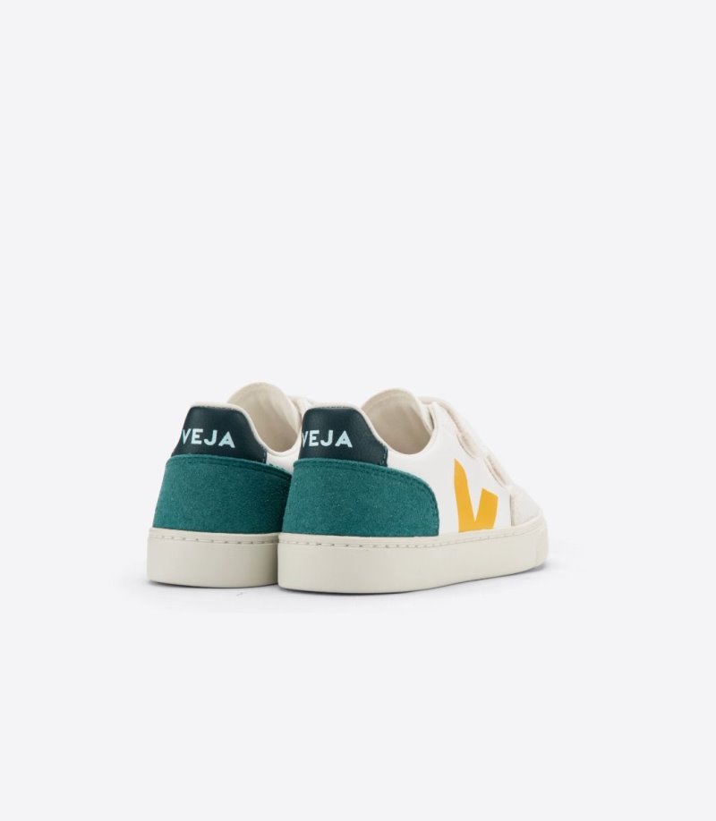 White / Green / Yellow Veja V-12 Chromefree Leather Kids' Sneakers | IE-170315