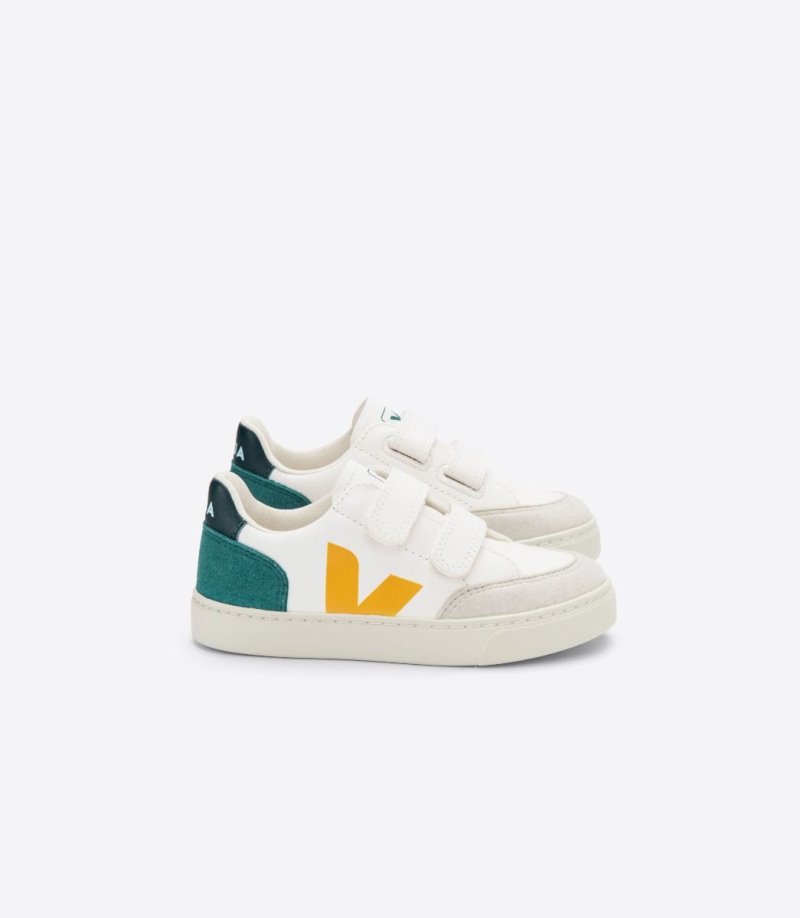 White / Green / Yellow Veja V-12 Chromefree Leather Kids\' Sneakers | IE-170315