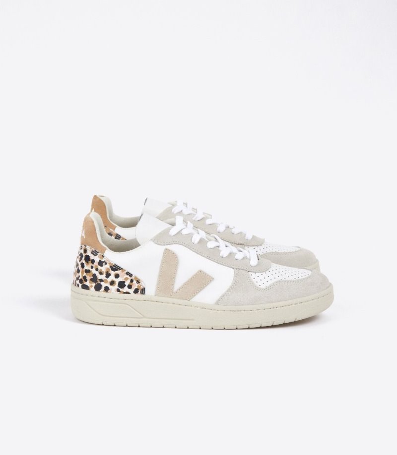 White / Leopard Veja V-10 Women\'s Sneakers | IE-875303