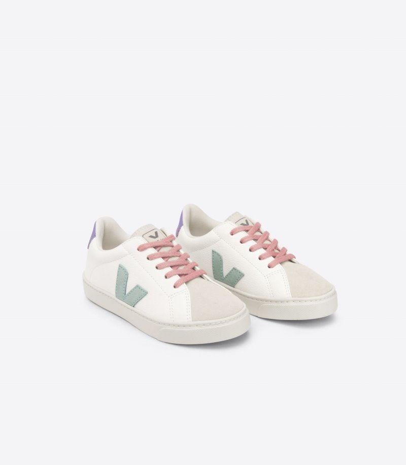 White / Light Green / Purple Veja Esplar Laces Chromefree Leather Kids' Sneakers | IE-919264