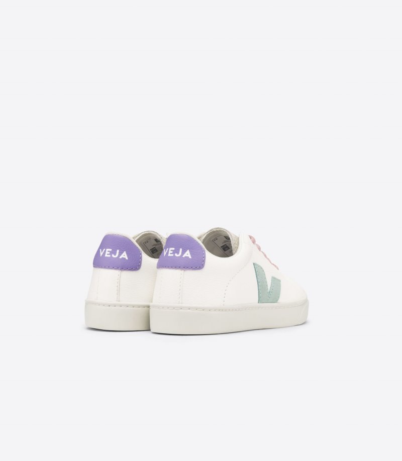 White / Light Green / Purple Veja Esplar Laces Chromefree Leather Kids' Sneakers | IE-919264