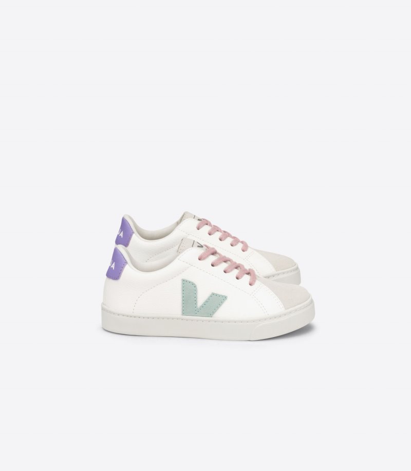 White / Light Green / Purple Veja Esplar Laces Chromefree Leather Kids\' Sneakers | IE-919264