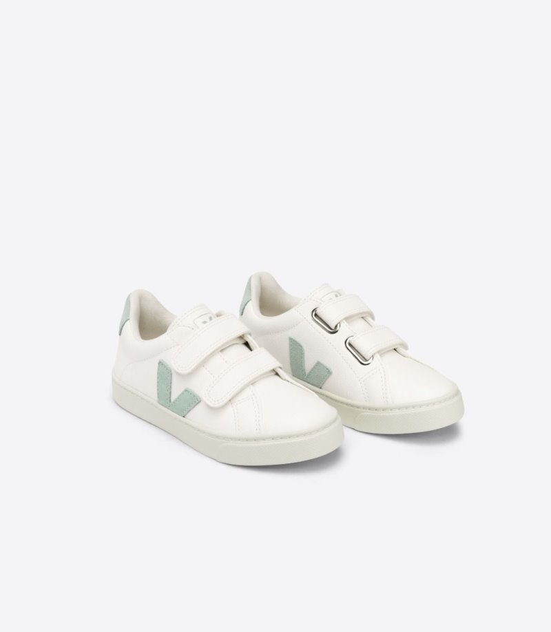 White / Light Green Veja Esplar Chromefree Leather Kids' Sneakers | IE-604034