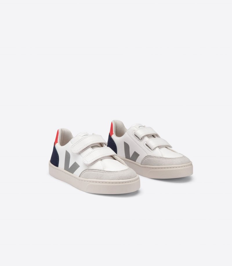 White / Navy / Red Veja V-12 Chromefree Leather Kids' Sneakers | IE-065992