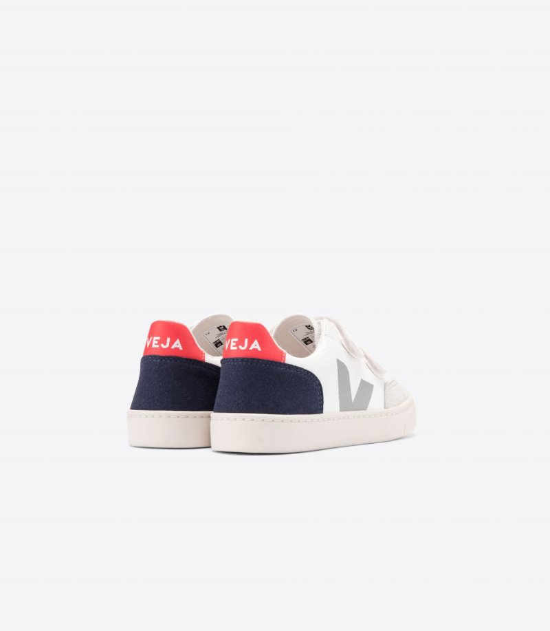 White / Navy / Red Veja V-12 Chromefree Leather Kids' Sneakers | IE-065992