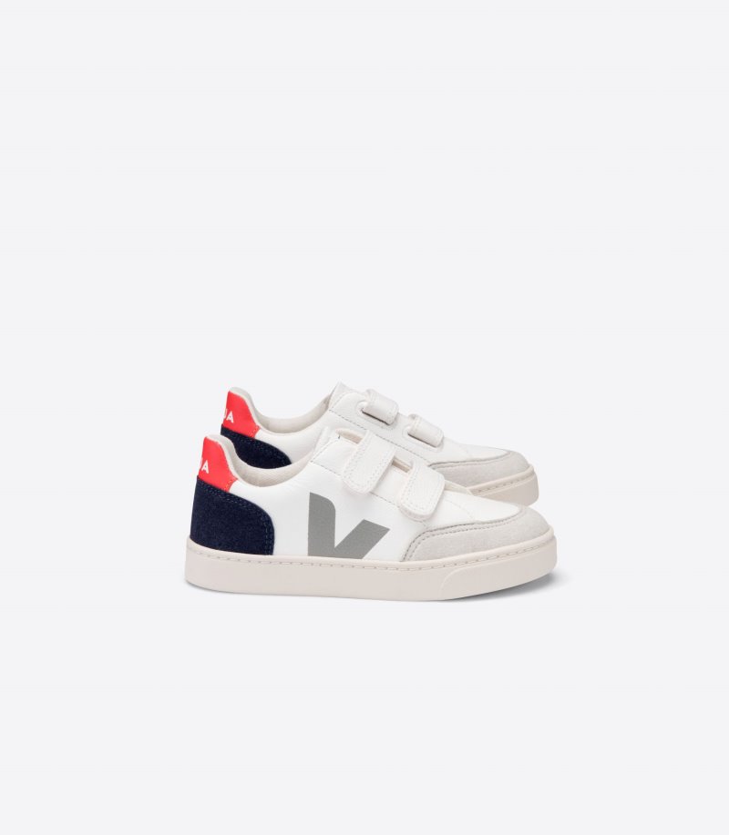 White / Navy / Red Veja V-12 Chromefree Leather Kids\' Sneakers | IE-065992