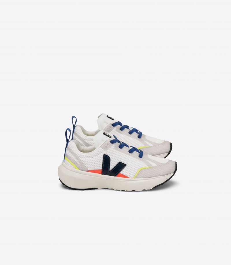 White / Navy Veja Canary Elastic Laces Alveomesh Kids\' Sneakers | IE-754786