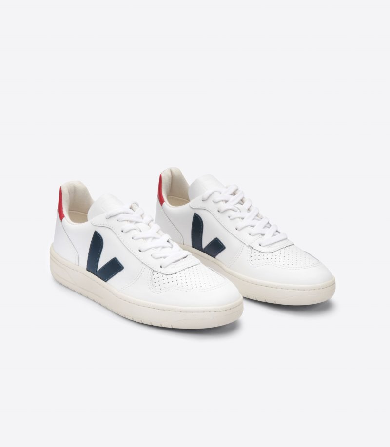 White / Navy Veja V-10 Leather Women's Sneakers | IE-219418