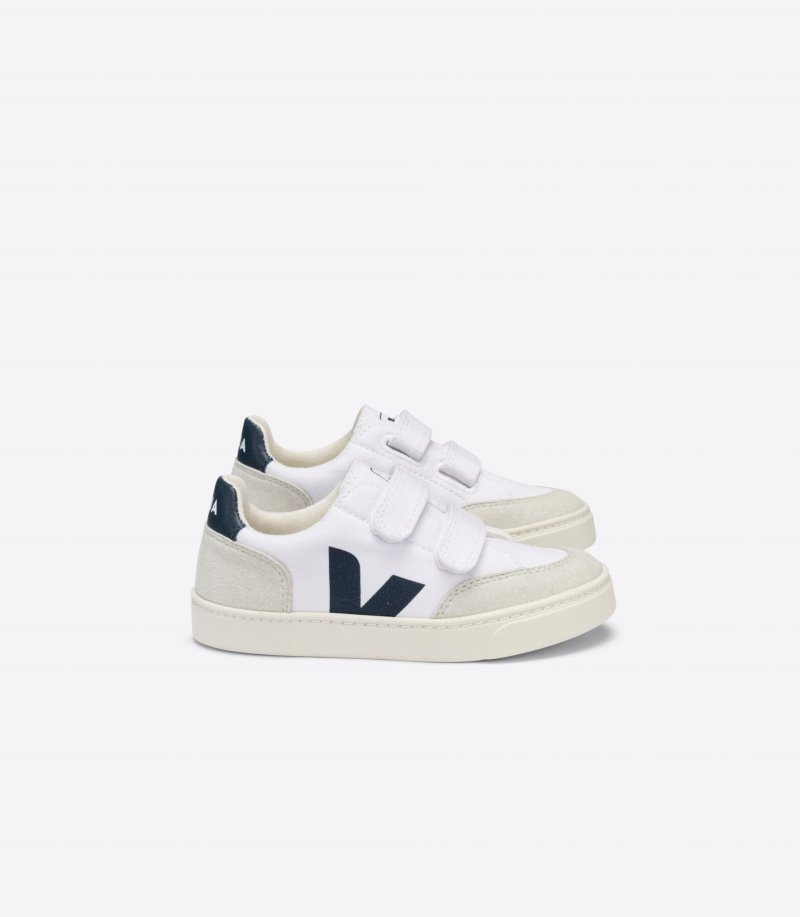 White / Navy Veja V-12 Canvas Kids\' Sneakers | IE-215646