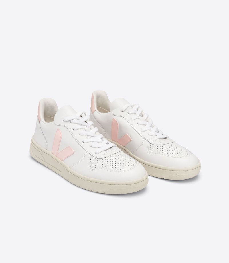 White / Pink Veja V-10 Leather Women's Sneakers | IE-610802