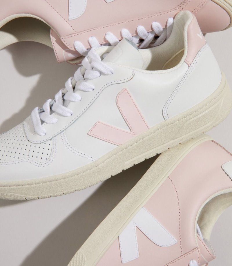 White / Pink Veja V-10 Leather Women's Sneakers | IE-610802