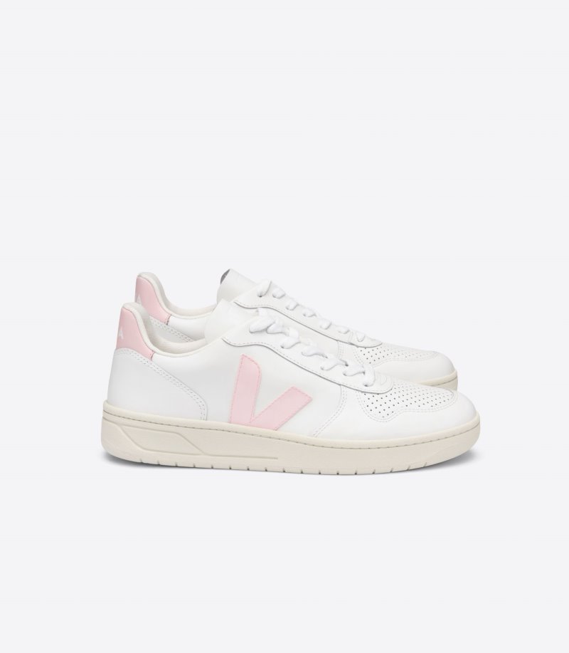 White / Pink Veja V-10 Leather Women\'s Sneakers | IE-610802