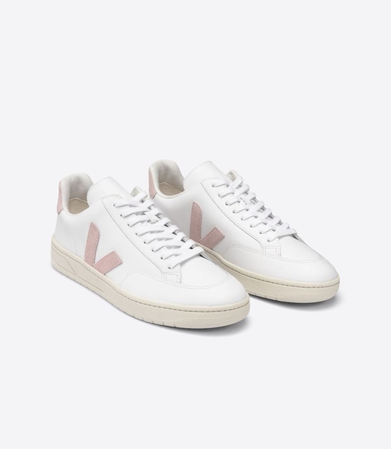 White / Pink Veja V-12 Leather Women's Sneakers | IE-004217