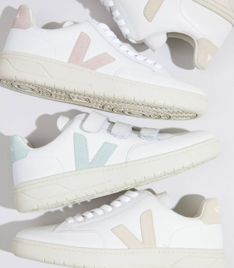 White / Pink Veja V-12 Leather Women's Sneakers | IE-004217