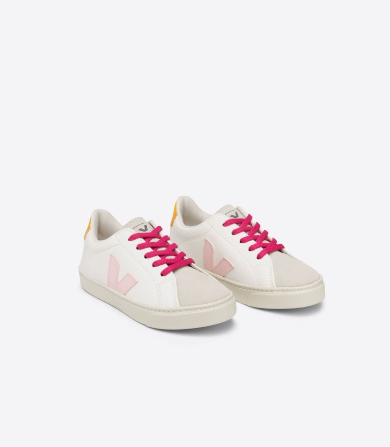 White / Pink / Yellow Veja Esplar Laces Chromefree Leather Kids' Sneakers | IE-163239