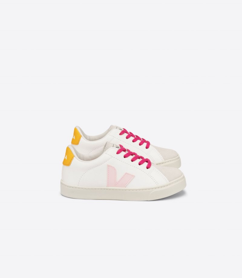 White / Pink / Yellow Veja Esplar Laces Chromefree Leather Kids\' Sneakers | IE-163239