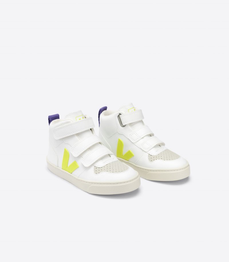 White / Yellow / Purple Veja V-10 Mid CWL Kids' Sneakers | IE-843081