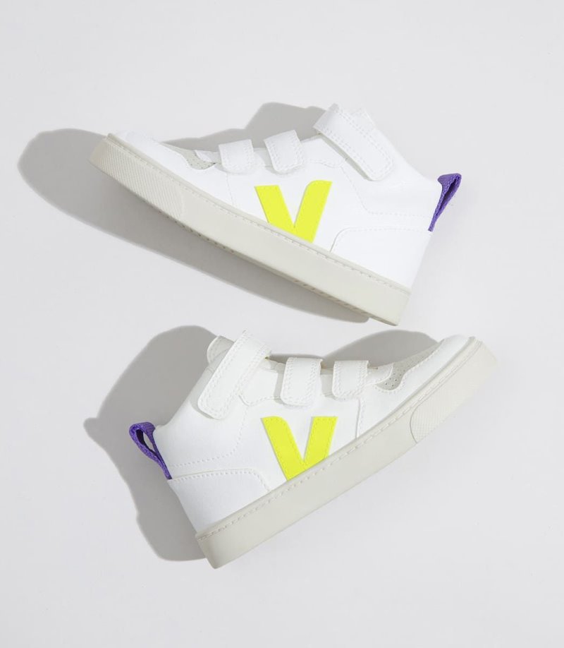 White / Yellow / Purple Veja V-10 Mid CWL Kids' Sneakers | IE-843081