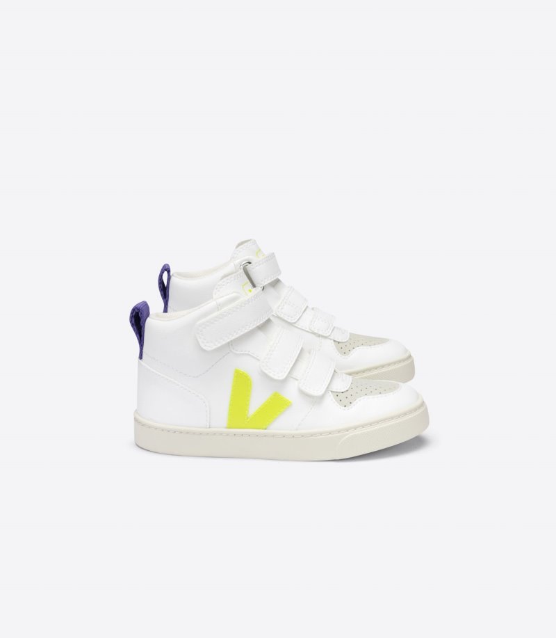 White / Yellow / Purple Veja V-10 Mid CWL Kids\' Sneakers | IE-843081