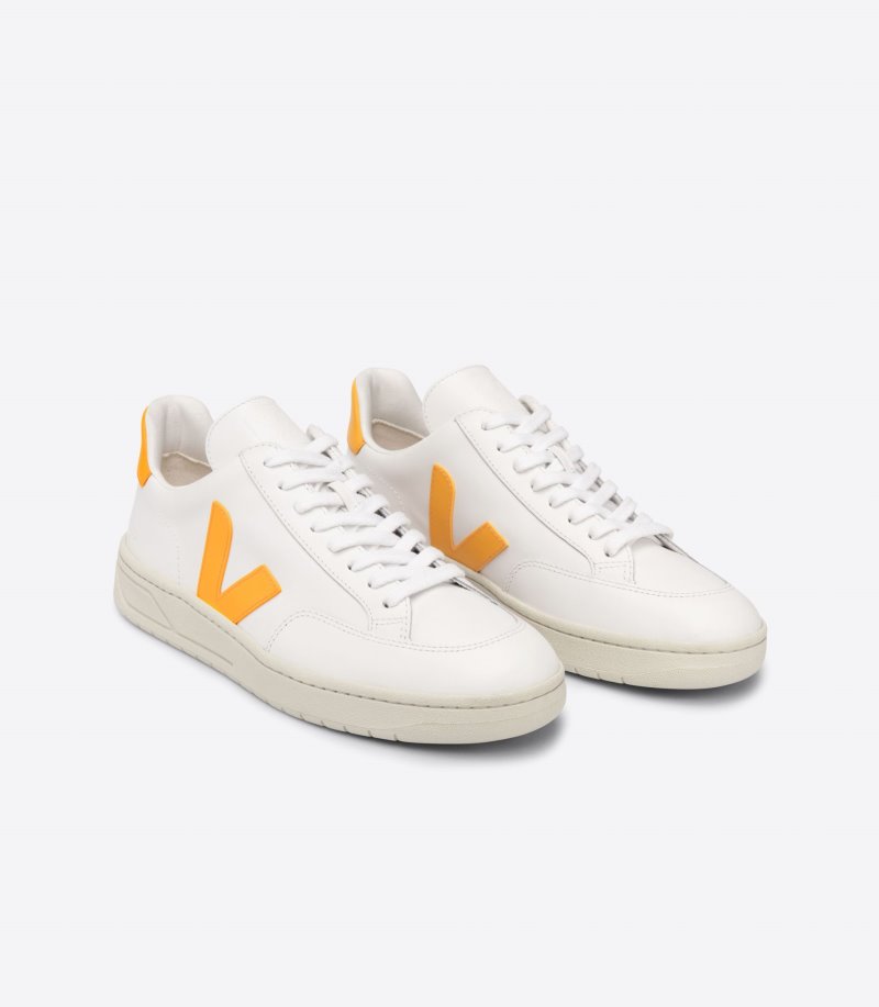 White / Yellow Veja V-12 Leather Men's Sneakers | IE-336425